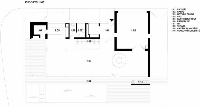 OK Plan Architects, Rodinný dům v Kunraticích - půdorys 1.N.P.