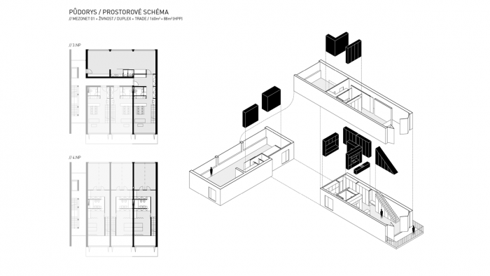 Lukáš Erban, Dům ve městě, půdorys a prostorové schéma mezonetu 01 - foto