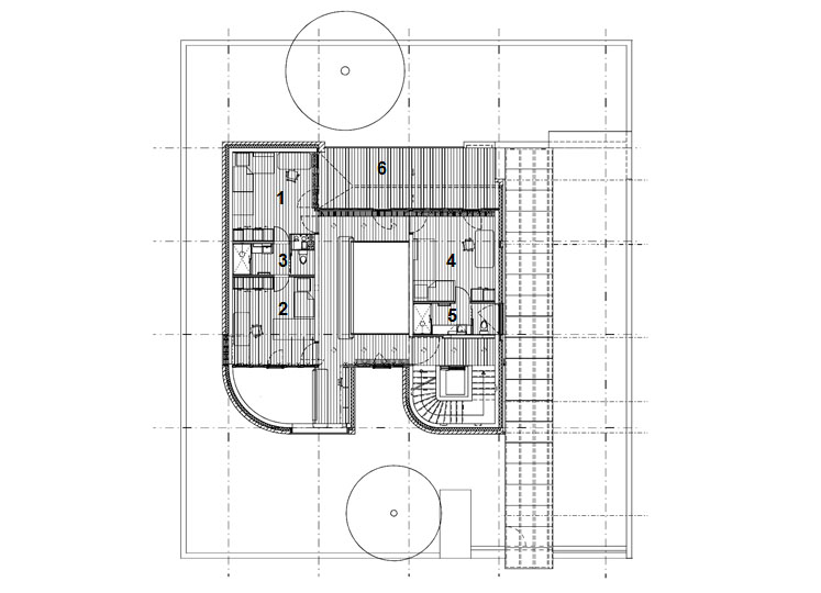 Mstská vila Procházkova, AP ateliér, půdorys 2 NP, 1+2+4 pokoj, 3+5 koupelna, 6 terasa