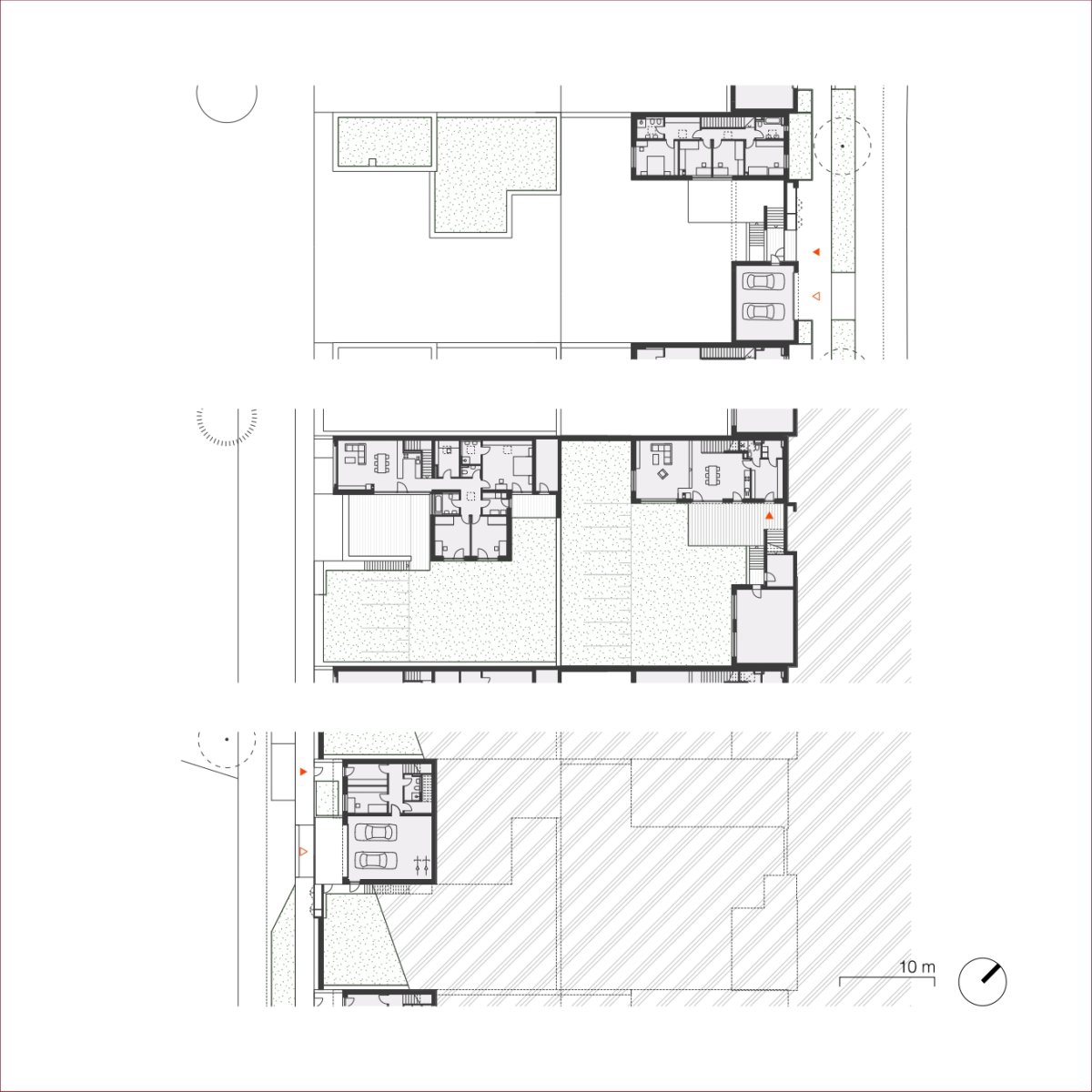 Rodinné domy - půdorys 1. PP, 1. NP a 2. NP (Obytný soubor Dolina v Lysolajích, knesl kynčl architekti)