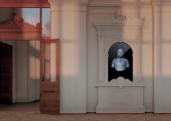 Busty zakladatelů UPM se ve votivním sále promítají formou 3D modelů mramorových bust (3D scan) na digitální obrazovce, vizualizace, Tomáš Varga, Jakub Jansa a 20YY Designers