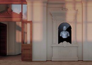 Busty zakladatelů UPM se ve votivním sále promítají formou 3D modelů mramorových bust (3D scan) na digitální obrazovce, vizualizace, Tomáš Varga, Jakub Jansa a 20YY Designers
