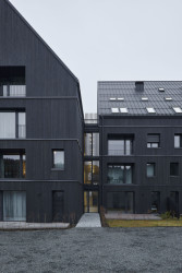 Návrh řeší i vývody odvětrání kanalizace, radonu či vzduchotechniky. Desítky střešních hlavic jsou v podkrovní části svedeny do 6 komínů a nenarušují tak vzhled střechy. (Bytový dům Krušec, monom)