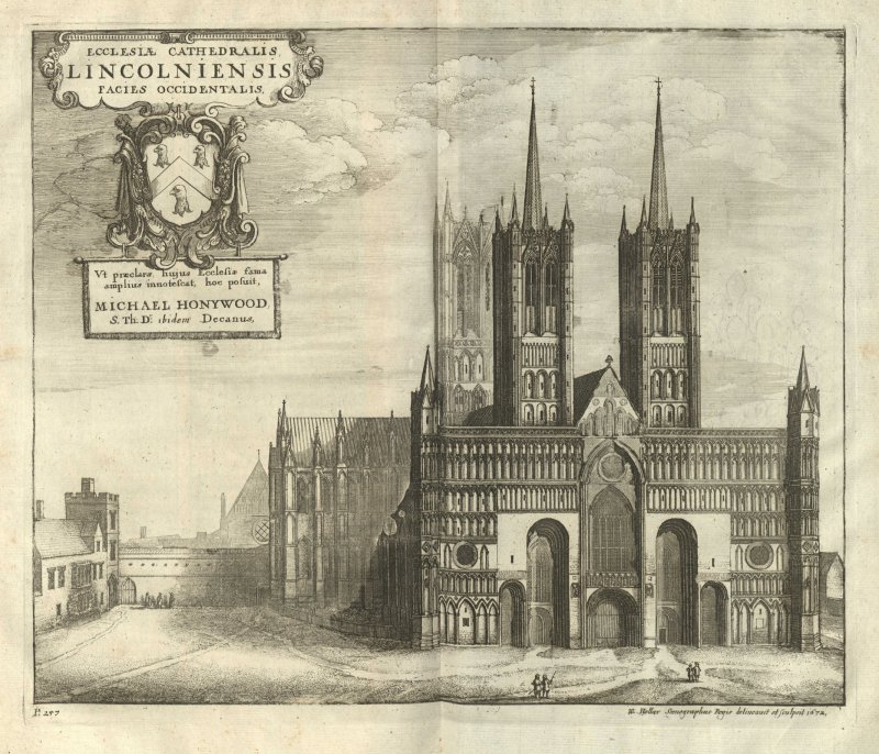 Václav Hollar, Katedrála v Lincolnu, 1672, lept z knihy Williama Dugdaleho, Monastici Anglicani.