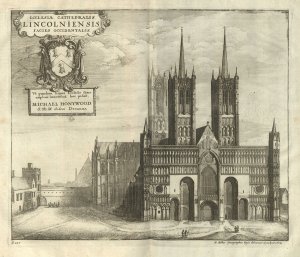 Václav Hollar, Katedrála v Lincolnu, 1672, lept z knihy Williama Dugdaleho, Monastici Anglicani.