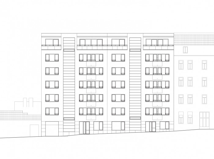 Bytový dům Šumavská v Brně, Atelier RAW / Tomáš Rusín, Ivan Wahla, Lukáš Vágner, pohled z ulice