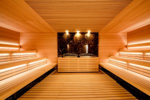 Prémiová rituální finská sauna v Centru sportu a zdraví OMEGA v Olomouci. Designovým prvkem je obložení černým mramorem za saunovými kamny. 