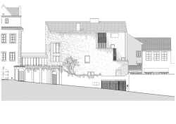 Jižní fasáda (Bytový dům na Malé Straně; architektonický ateliér Ladislava Lábuse)