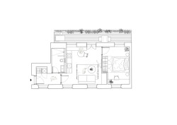 Půdorys bytu ve 2.NP (Rekonstrukce pavlačového domu v Praze-Nuslích, Plus One Architects) 