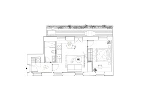 Půdorys bytu ve 2.NP (Rekonstrukce pavlačového domu v Praze-Nuslích, Plus One Architects) 