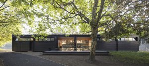 Podélný objem v kontrastu k vertikále stromů. (Občerstvení U Prutu, Prokš Přikryl architekti)