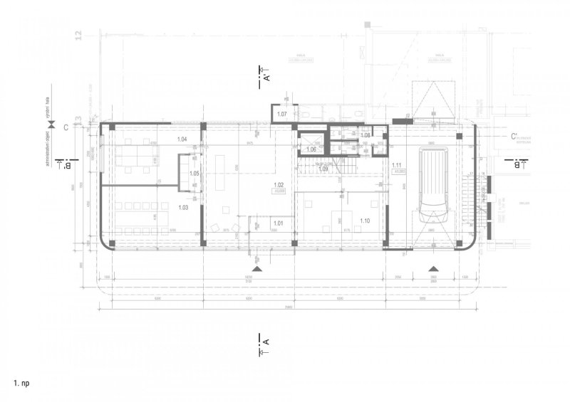 Výrobní a administrativní objekt firmy Pilana Karbid v Hulíně, Ellement architects, půdorys 1NP