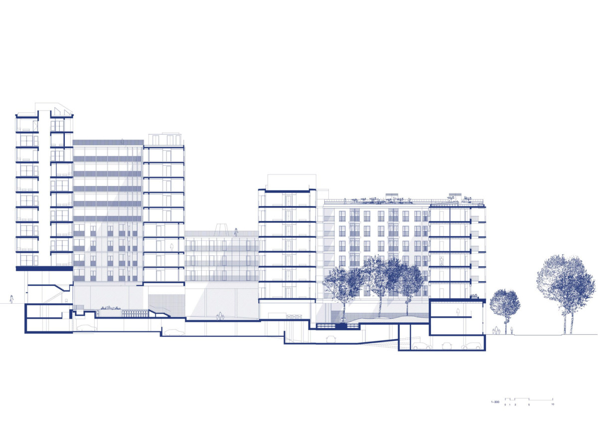 Řez (Bytový dům La Comunidad Habitacional v Barceloně; Cierto Estudio)