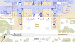 1. místo - Henning Larse Architects A/S + Ramboll: Půdorys 1.PP (nově vybudované, znovu použité, bourané)