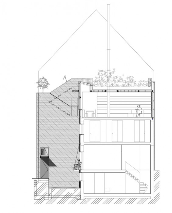 Přestavba rodinného domu Hlubočepy, R.U.A., řez A-A