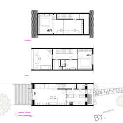 Půdorysy (Bydlení v řadovém domě v Praze-Strašnicích, BY architects)