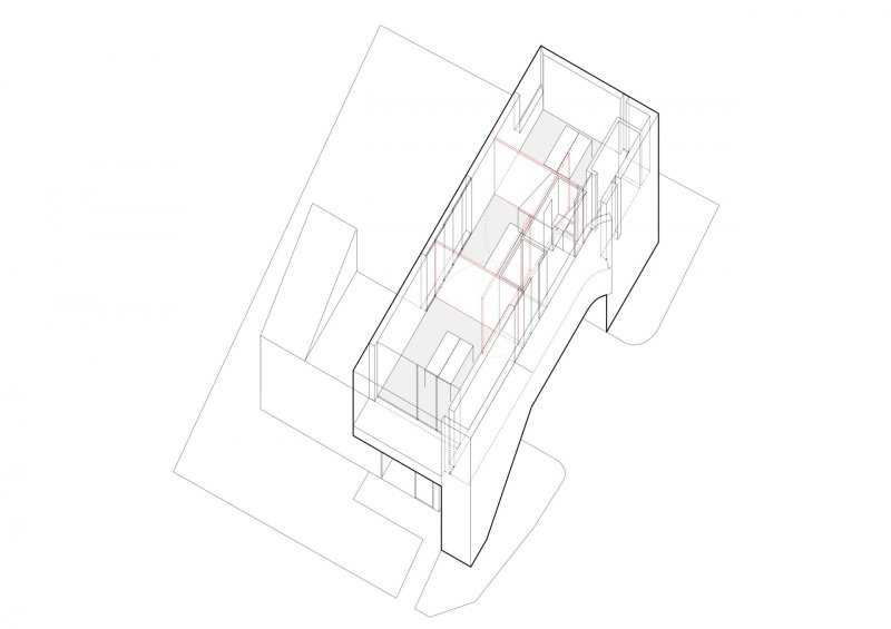 Ateliérový dům v Ratiboři, axonometrie 2 NP, studio OBJEKTOR