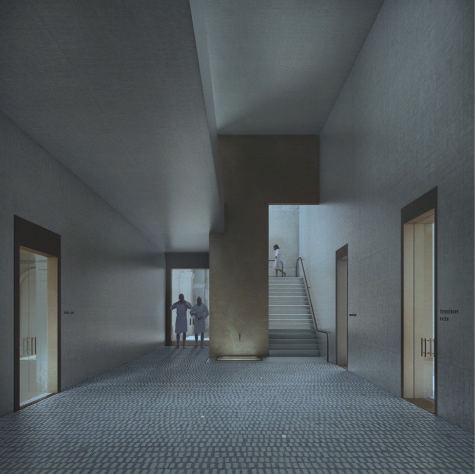 Vítězný návrh na rekonstrukci lázní Grössling v Bratislavě od italského studia OPPS Architettura. Vizualizace: luce.atelier