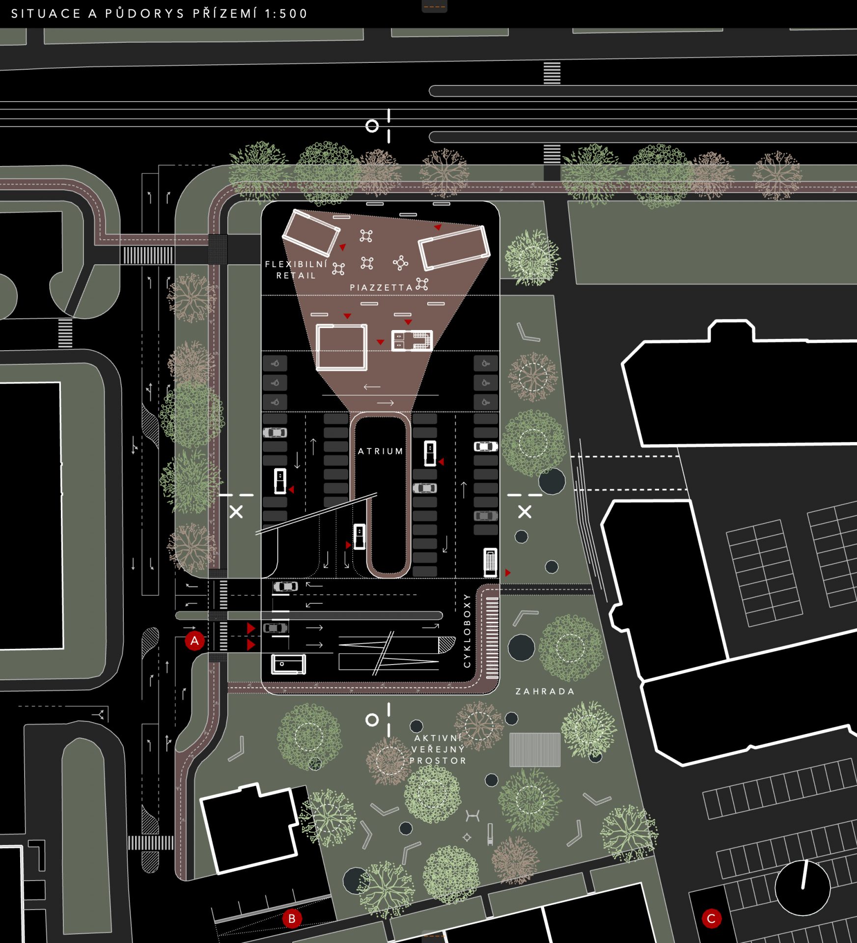 Vítězný projekt v soutěži na parkovací dům v Ostravě od kanceláře PROJEKTSTUDIO, situace.