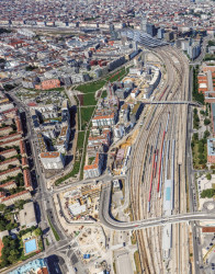 Letecký pohled na rozvojovou oblast Sonnwendviertel ve Vídni