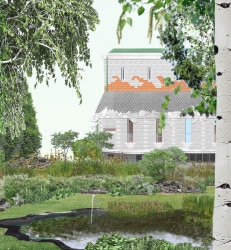 Koláž, vizualizace zahrady - Konverze bývalého průmyslového areálu v ulici V Chobotě, Český Brod (Vojtěch Tecl, Adam Šustek, Tereza Brussmannová, Savka Marenić) - studie 2021