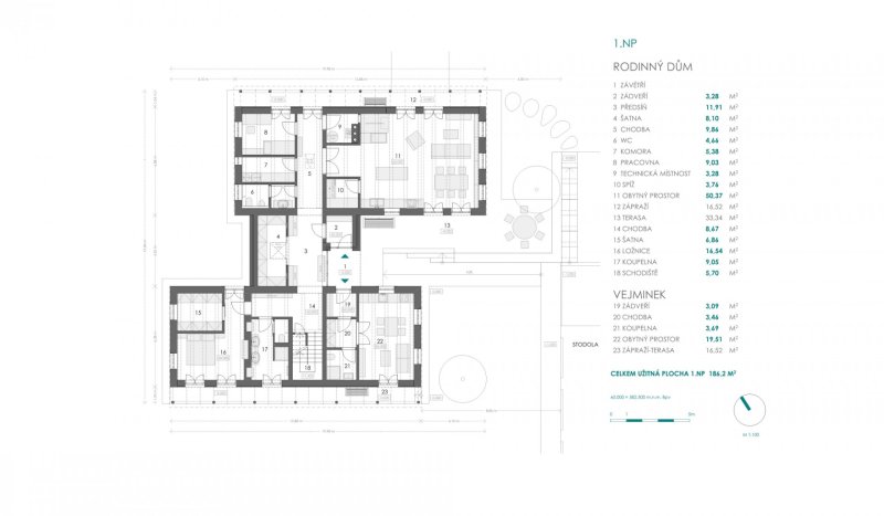 Usedlost na Vysočině, 3K Architects / Roman Kučírek, Jan Komárek, půdorys 1NP