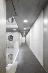 Dalším bonusem pro obyvatele jsou elegantní společné prostory, kde kontrastuje obnažená konstrukce s měkkým koberecem a zrcadly na stěnách.