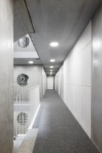 Dalším bonusem pro obyvatele jsou elegantní společné prostory, kde kontrastuje obnažená konstrukce s měkkým koberecem a zrcadly na stěnách.