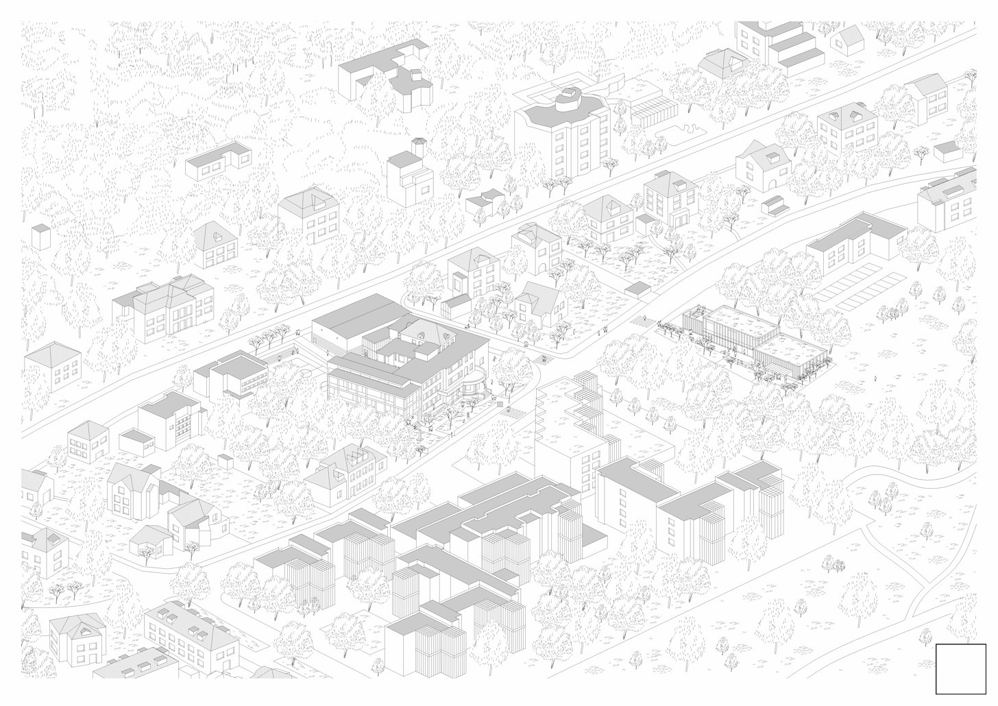 Celkový pohled na vítězný návrh. Axonometrie stávající budovy školy, navržené dostavby a nový pavilon s multifunkčním sálem, Ravagnani Vecchi Architects.