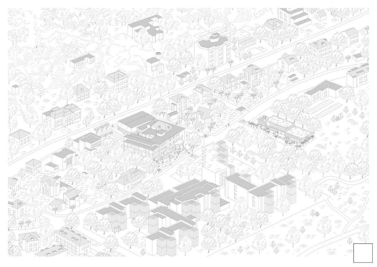 Celkový pohled na vítězný návrh. Axonometrie stávající budovy školy, navržené dostavby a nový pavilon s multifunkčním sálem, Ravagnani Vecchi Architects.