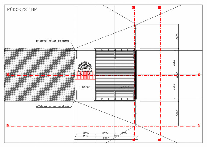 Přístavba v Jižních Čechách, Huť architektury Martin Rajniš, půdorys 1NP