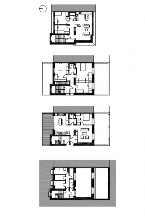 Řadový dům v Praze Liboci, půdorysy, Stempel & Tesar architekti