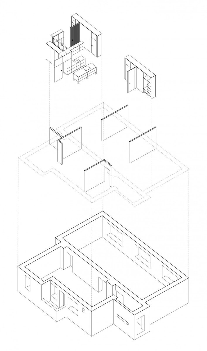 Byt P, TOITO architekti, axonometrie