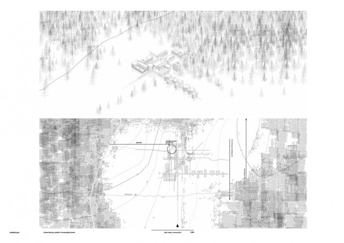 Duševní lázně, situace a axonometrické schéma, Dita Petráňová