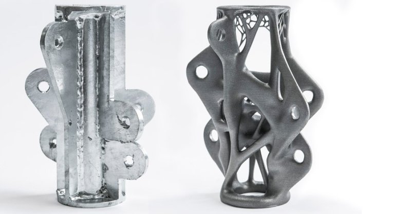 Obr. 4 Porovnání tvaru styčníku fasádní konstrukce vyrobeného běžným způsobem s&nbsp;verzí navrženou topologickou optimalizací a vyrobenou technologií 3D tisku laserovým slinováním kovového prášku, ARUP, Velká Británie