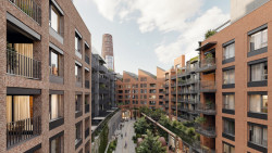 Následující etapy (vizualizace) - Blok Jih - pohled z vnitrobloku na továrnu s pilovou střechou (Transformace Lihovaru Smíchov; Black n´ Arch)