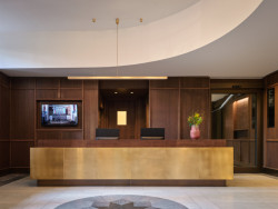 Použitým materiálem je dub v tmavém odstínu, na recepci byl povrch mořený. (Rekonstrukce zázemí Rudolfina; Architektonické studio Lenky Míkové)