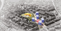 MDH Arkitekter SA, školka Moholt, projekt revitalizace kampusu - školka žlutá, nové věže kampusu modré, vizualizace