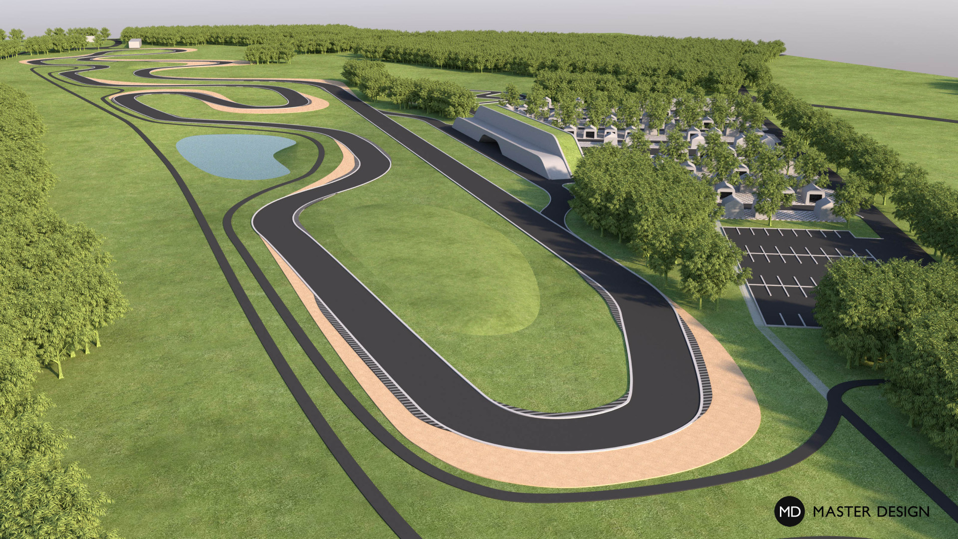 Závodní okruh Motokáry Oldřichov s administrativní budovou, restaurací a campem (projekt MASTER DESIGN, zpracováno v Archicadu SE, vizualizace Cinema 4D)