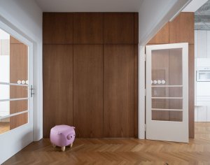 Nově vložený box s koupelnou (Rekonstrukce funkcionalistického bytu v Praze, architekt Martin Čeněk)