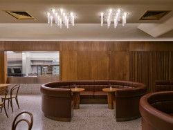 Dveře zapadají do jednotícího dřevěného obkladu. (Rekonstrukce zázemí Rudolfina; Architektonické studio Lenky Míkové)