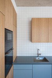 Kromě dřevené dýhy tu najdeme barevné kusy nábytku... (Terasový dvojdům v Krči, martin cenek architecture)