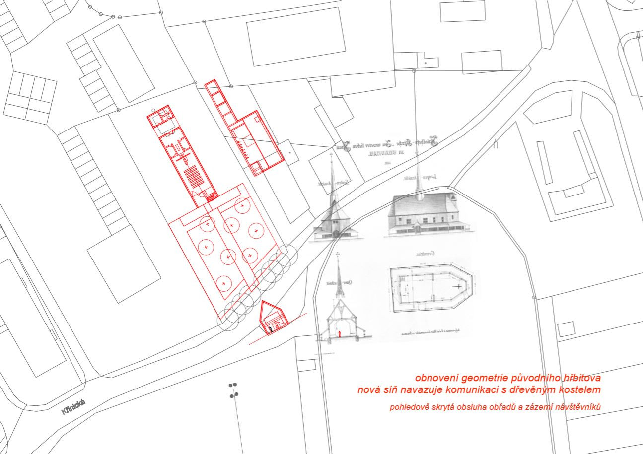 Smutečí síň Broumov, půdorys a okolí objektu,  INS spol. s.r.o., d3D