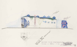 Daniela Fenclová: architektonická studie vodní elektrárny Obříství, varianta 3.C, pohled z břehu, 1993