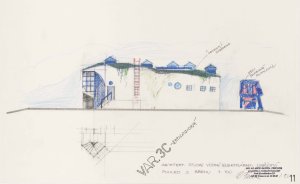 Daniela Fenclová: architektonická studie vodní elektrárny Obříství, varianta 3.C, pohled z břehu, 1993