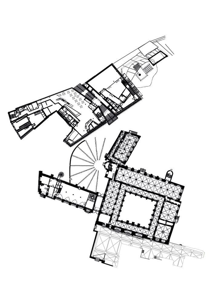 Studio Andreas Heller GmbH Architects & Designers, Evropské muzeum hanzy, 1.NP nové budovy, 2.NP nové budovy a 1.NP kláštera, výkres