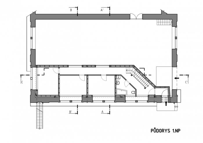 studio NEW WORK, Vestavba bytu do historické průmyslové haly, půdorys 1. NP – foto