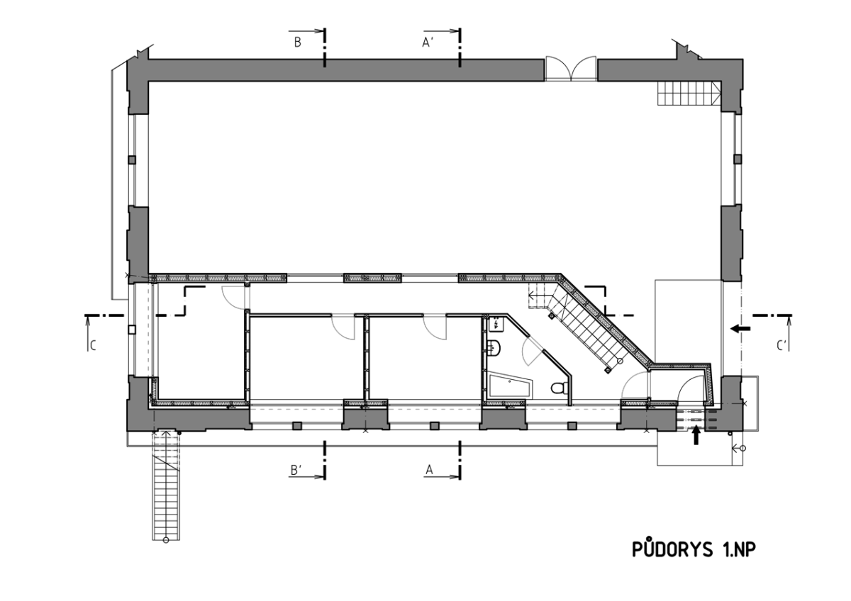 studio NEW WORK, Vestavba bytu do historické průmyslové haly, půdorys 1. NP – foto