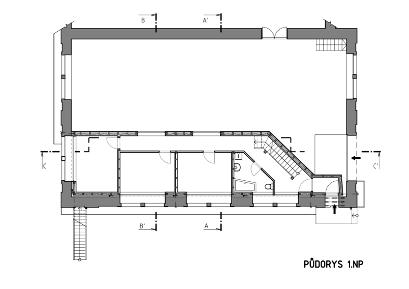 studio NEW WORK, Vestavba bytu do historické průmyslové haly, půdorys 1. NP – foto