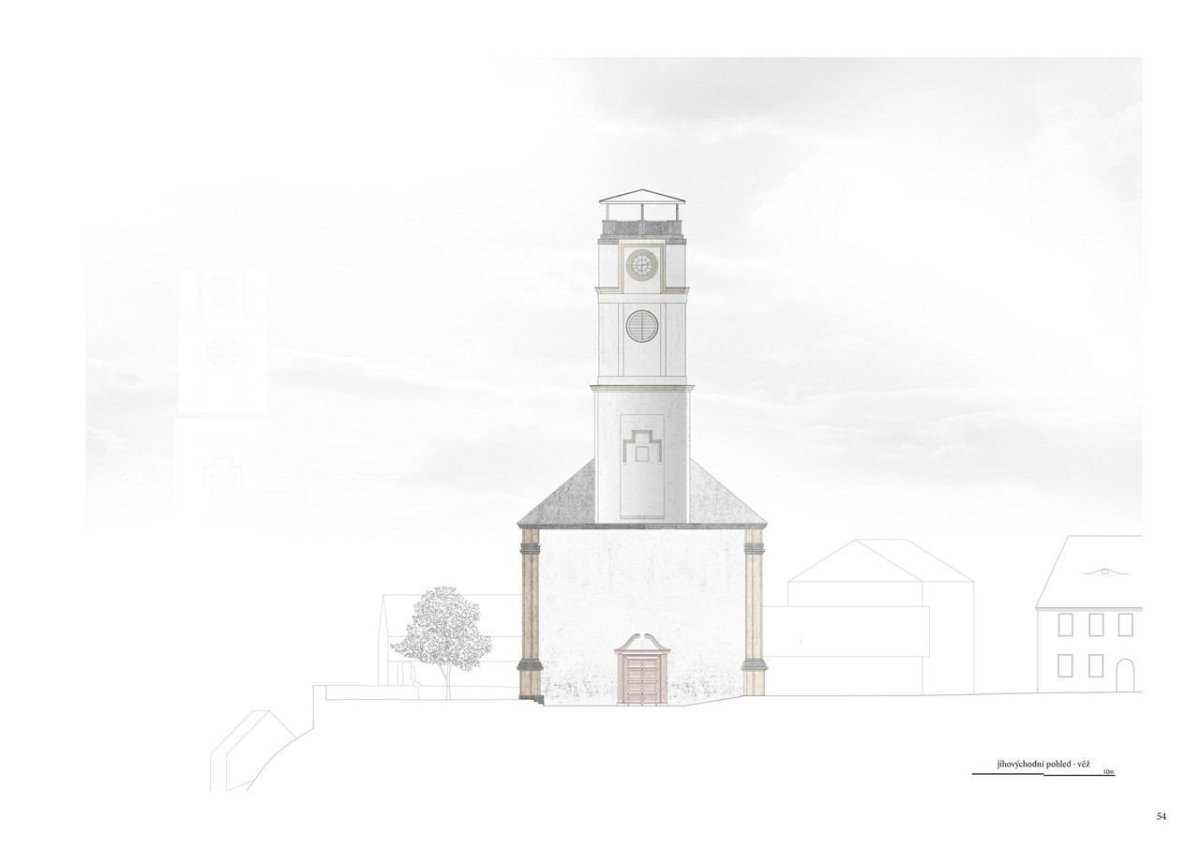 Jiří Lukáš, Centrum Jablonného v Podještědí, věž kostela, pohled JV – foto